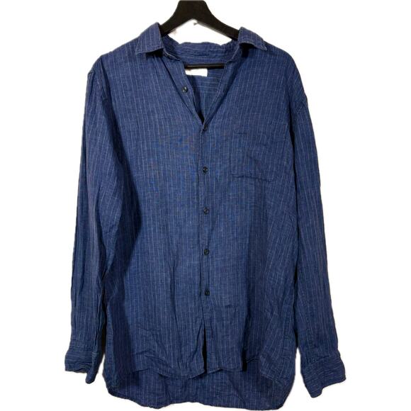 UNIQLO Pinstripe Linen Button Down Shirt Navy Blue Men's XL Collared - Picture 1 of 12